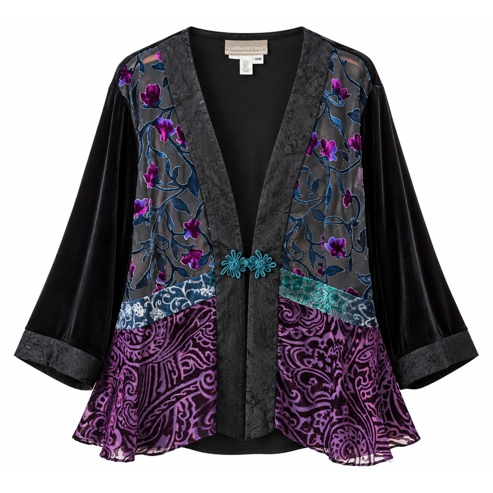 Coldwater Creek 18W Velvet Burnout Patchwork Jacket Purple Boho Whimsigoth